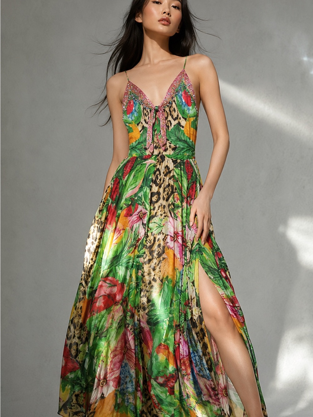 Floral Jungle V-Neck Maxi Dress in Green